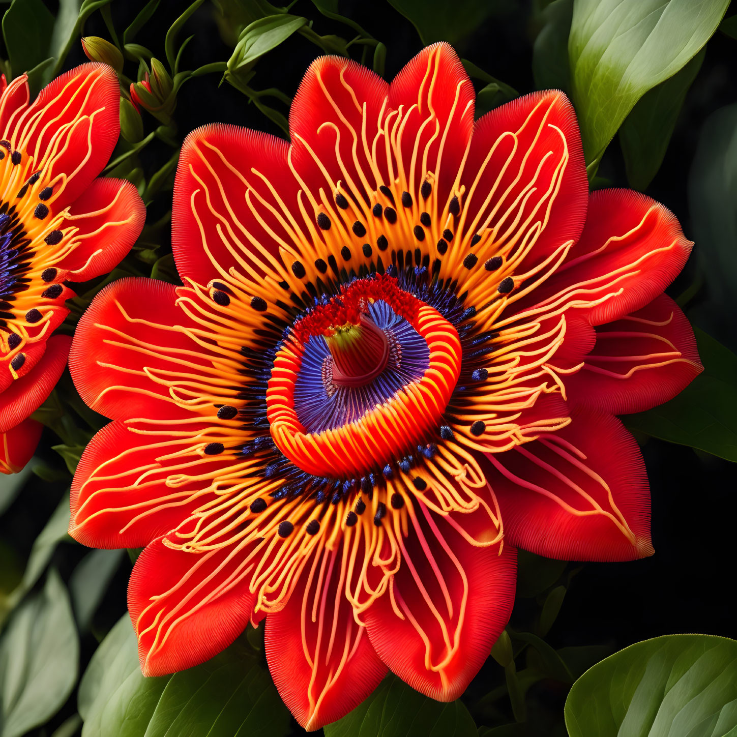 Colorful Red and Yellow Passion Flower with Detailed Intricate Design