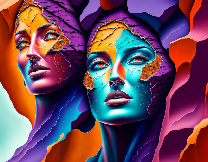 Colorful digital artwork: Two faces with cracked textures on a vibrant multicolored backdrop