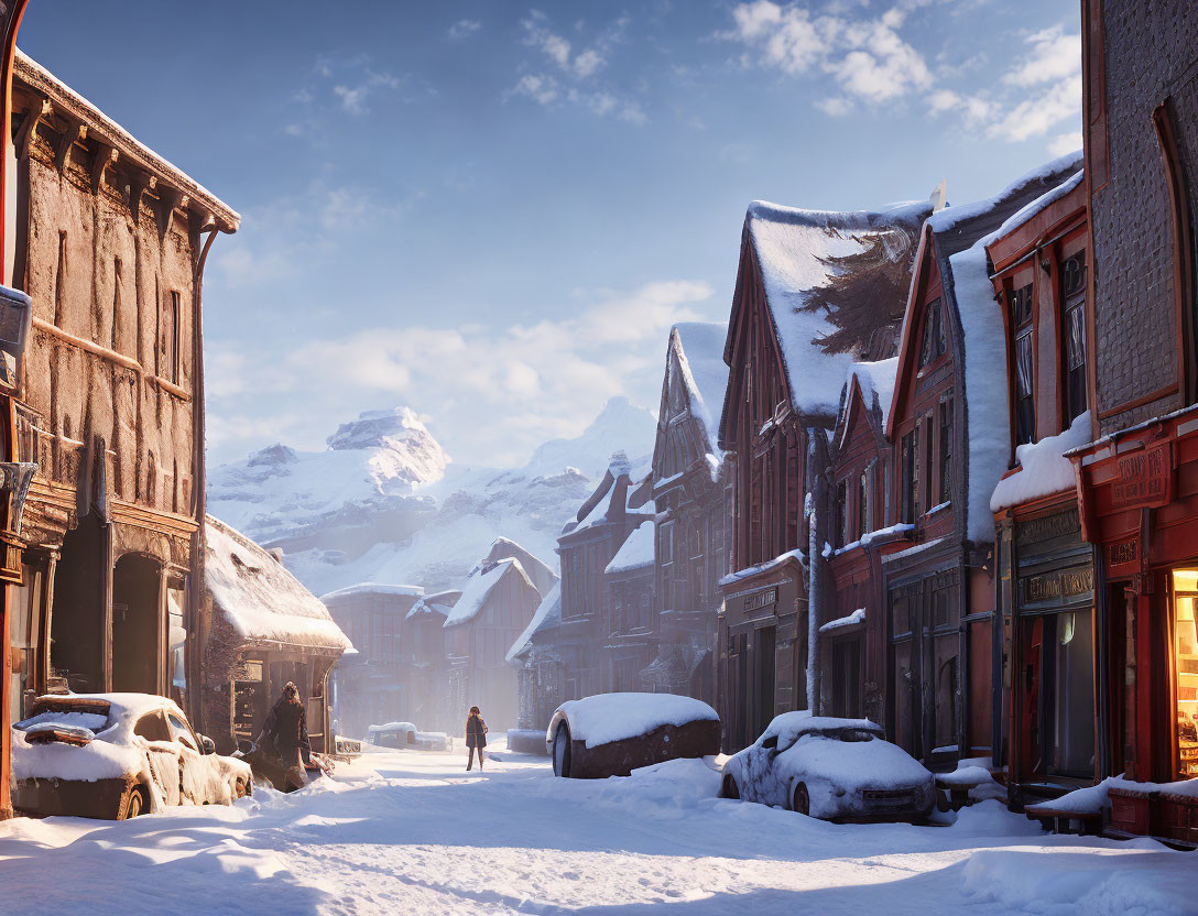 Quaint village street with historic buildings, lone figure, and snowy mountains at sunset