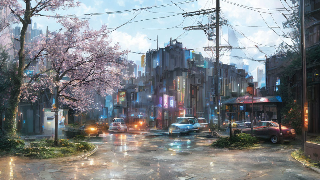 Neon-lit cityscape with cherry blossoms and futuristic buildings at dusk