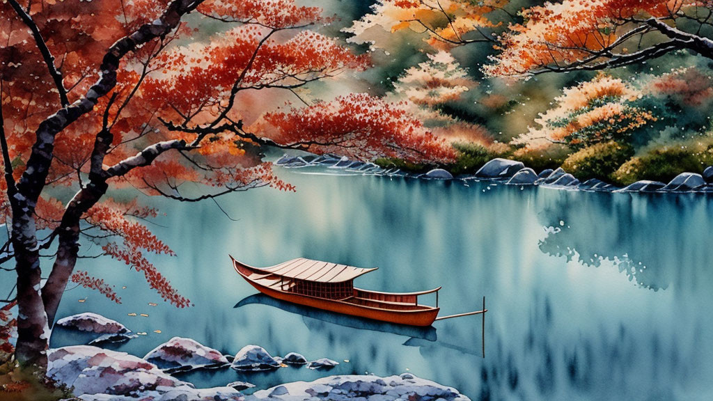 Tranquil painting of boat on calm waters with autumn trees and stones