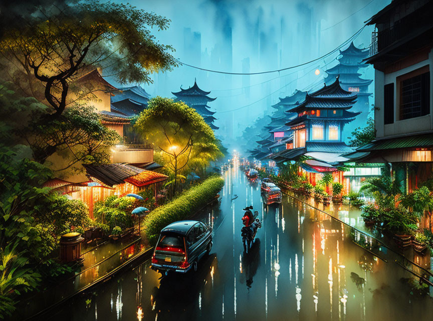 Asian street at night with neon lights, canal, car, people with umbrellas, and mystical fog