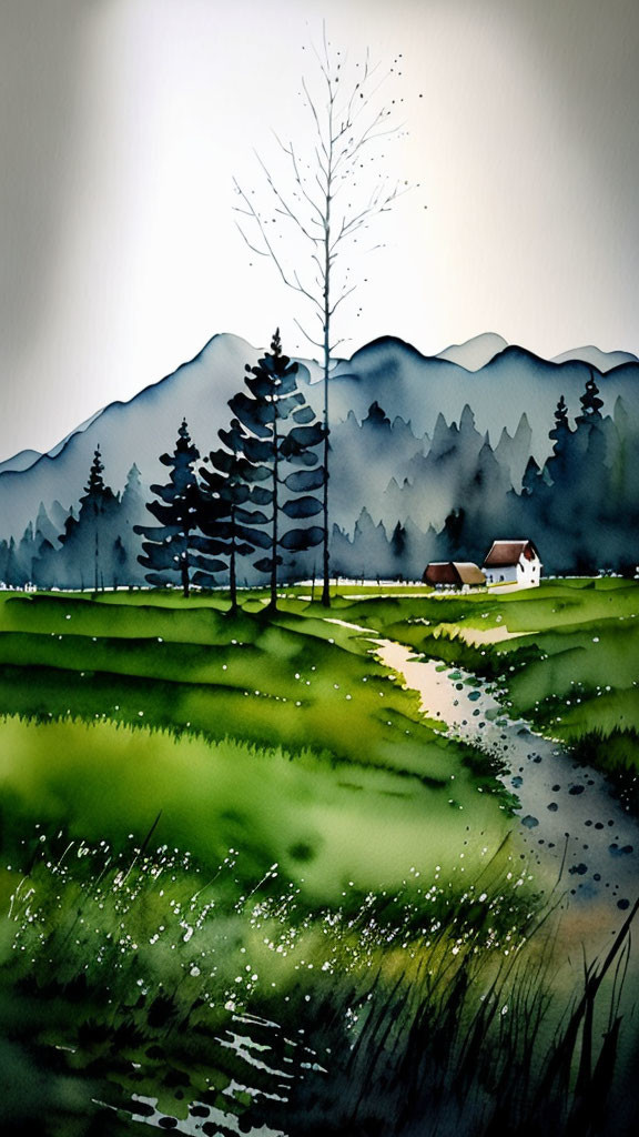 Serene landscape watercolor painting with mountains, trees, winding path, and small house