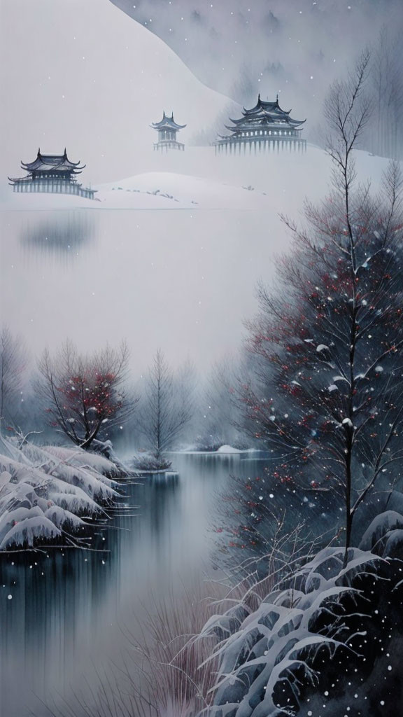 Traditional Asian pavilions in snowy landscape with calm river