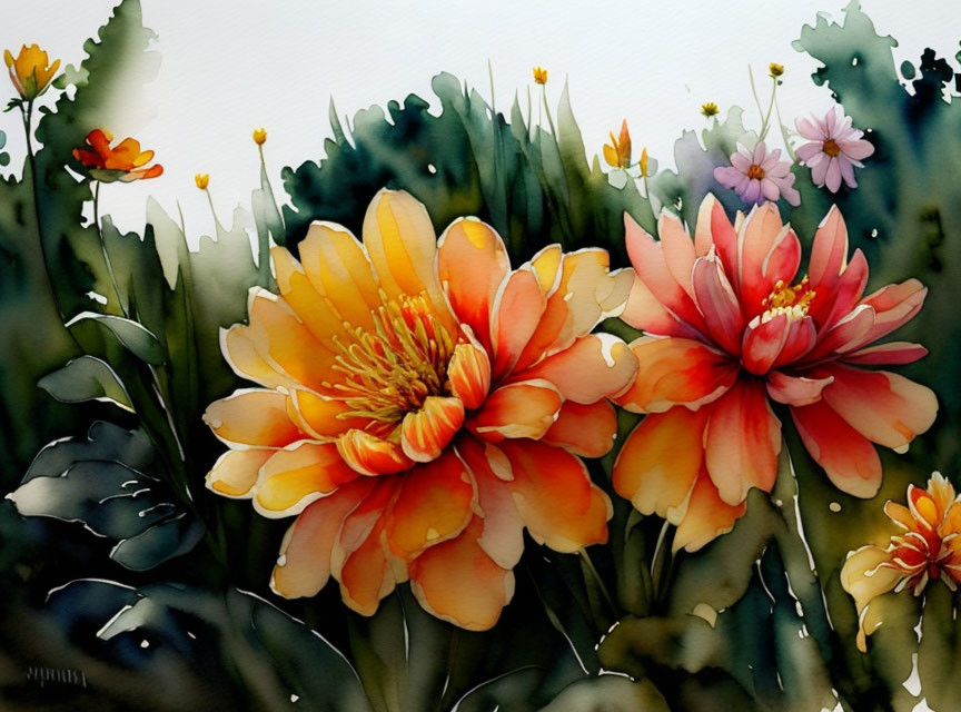 Colorful Watercolor Painting of Orange and Pink Flowers with Green Foliage