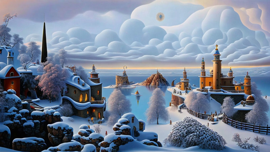 Snow-covered winter village with church, boats, and fluffy clouds.