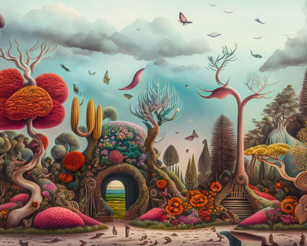 Colorful surreal landscape with aquatic and terrestrial elements and flying fish.