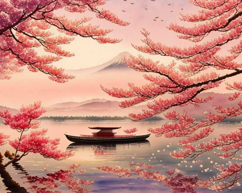 Japanese boat on calm lake with cherry blossoms and Mount Fuji at sunset