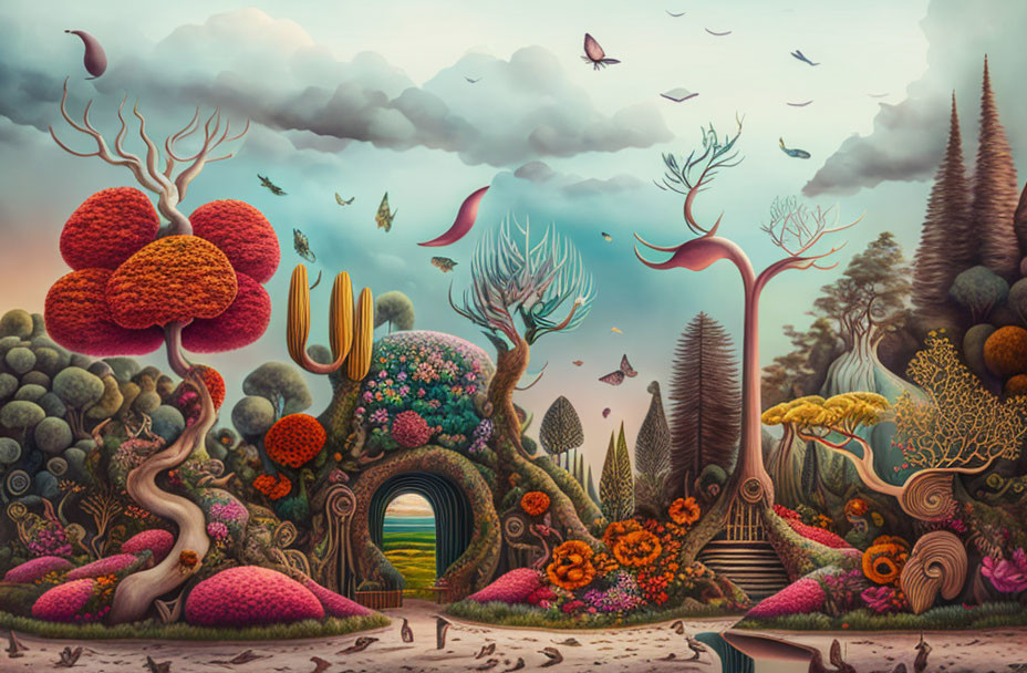 Colorful surreal landscape with aquatic and terrestrial elements and flying fish.