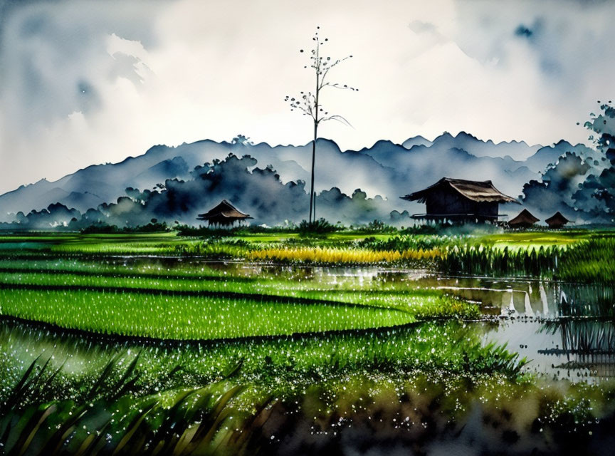 Watercolor painting of terraced rice fields, lone tree, huts, and misty mountains