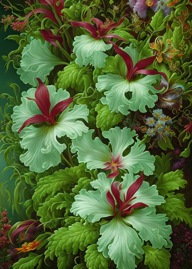 Lush Green Foliage with White and Red Flowers in Tropical Artwork