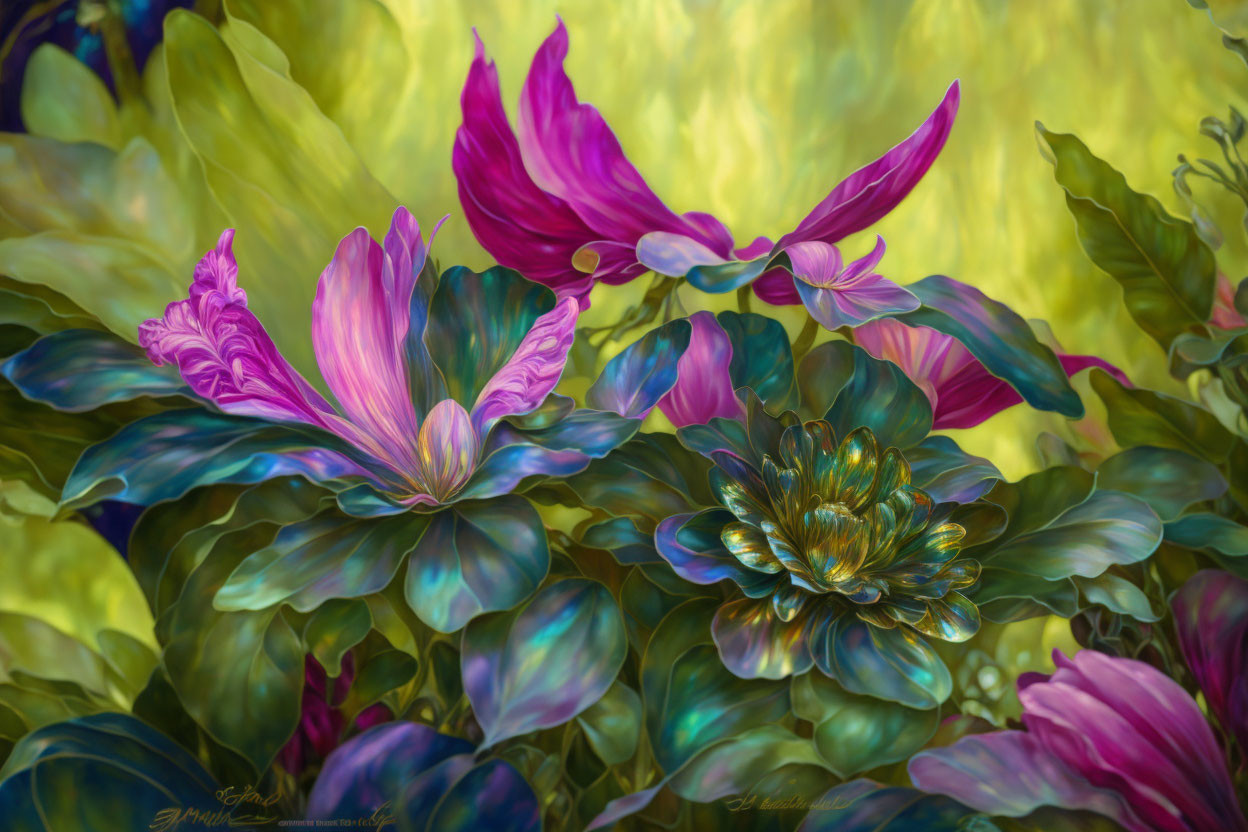 Colorful digital painting of surreal flowers and leaves in vibrant palette