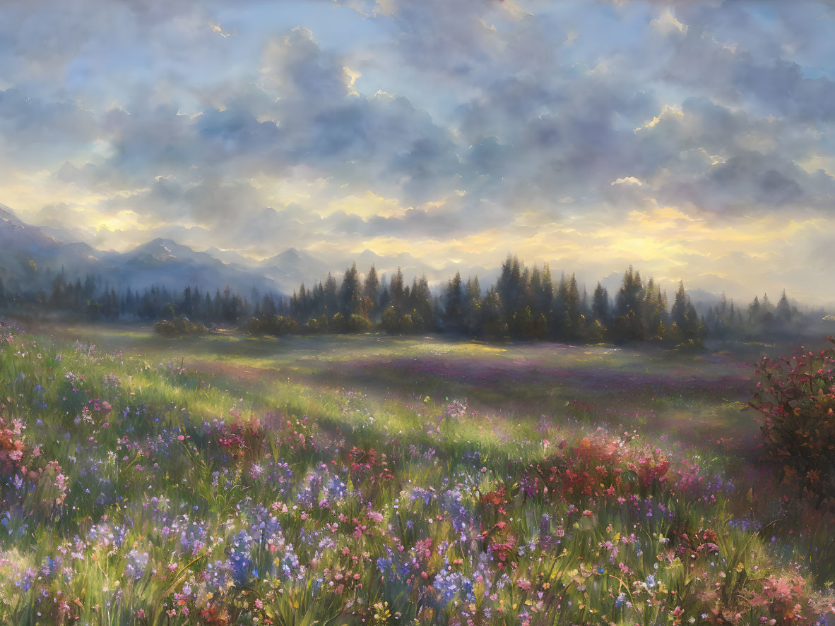 Tranquil landscape: vibrant wildflower field, forest backdrop, ethereal sunlight.