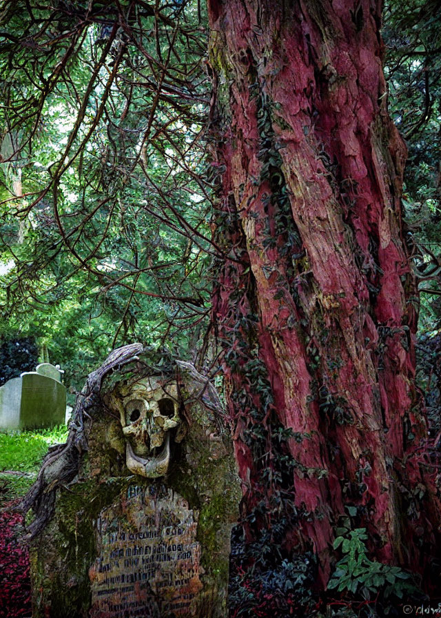 Skull embedded in gravestone with inscriptions in serene cemetery setting