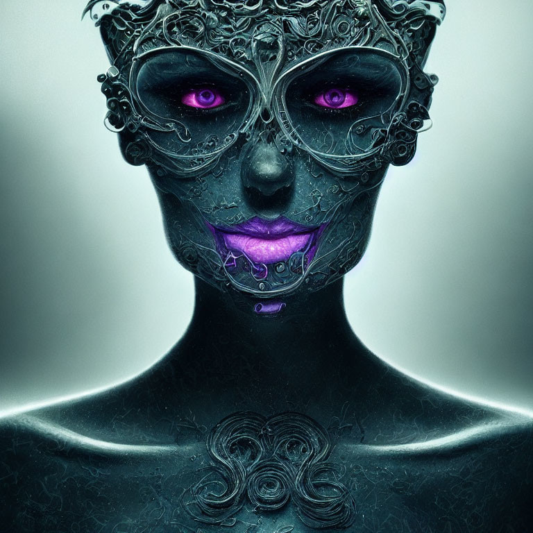 Digital Artwork: Humanoid Figure with Metallic Filigree Mask and Purple Eyes
