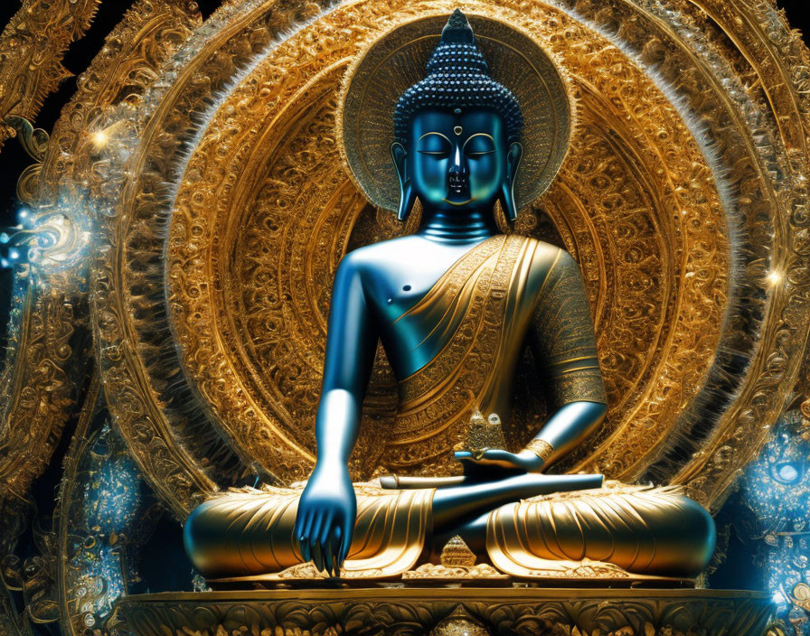 Seated Buddha statue with golden patterns symbolizing calmness