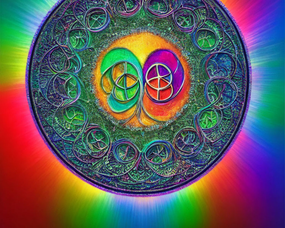 Colorful Celtic Knot Mandala on Rainbow Background