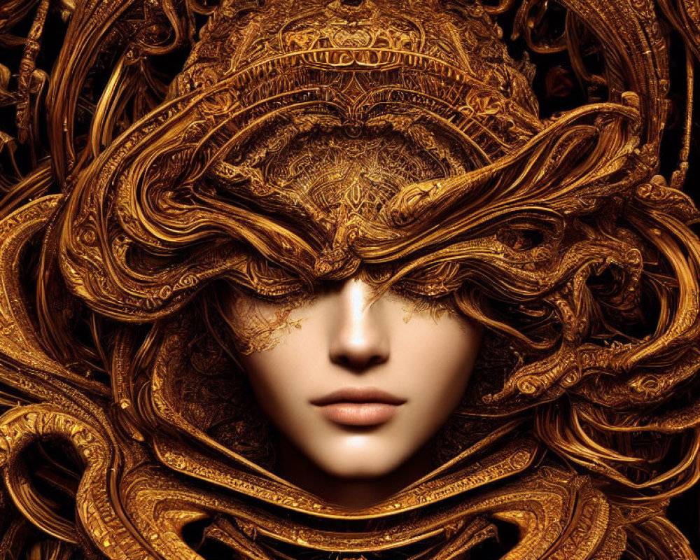 Intricate golden filigree frames woman's face in elaborate headpiece