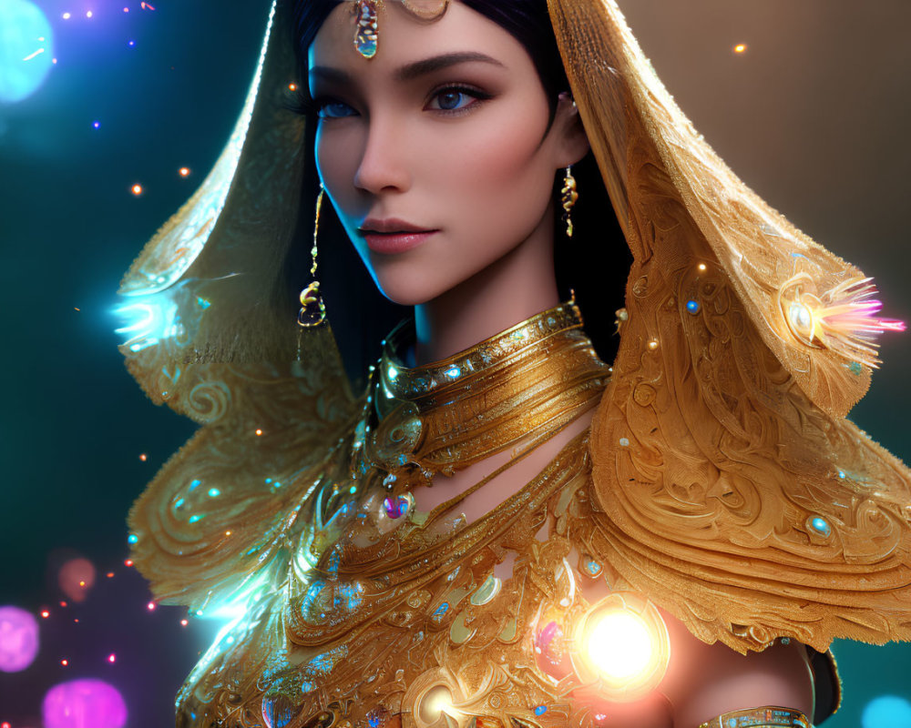 Ethereal digital art portrait of a woman in golden attire
