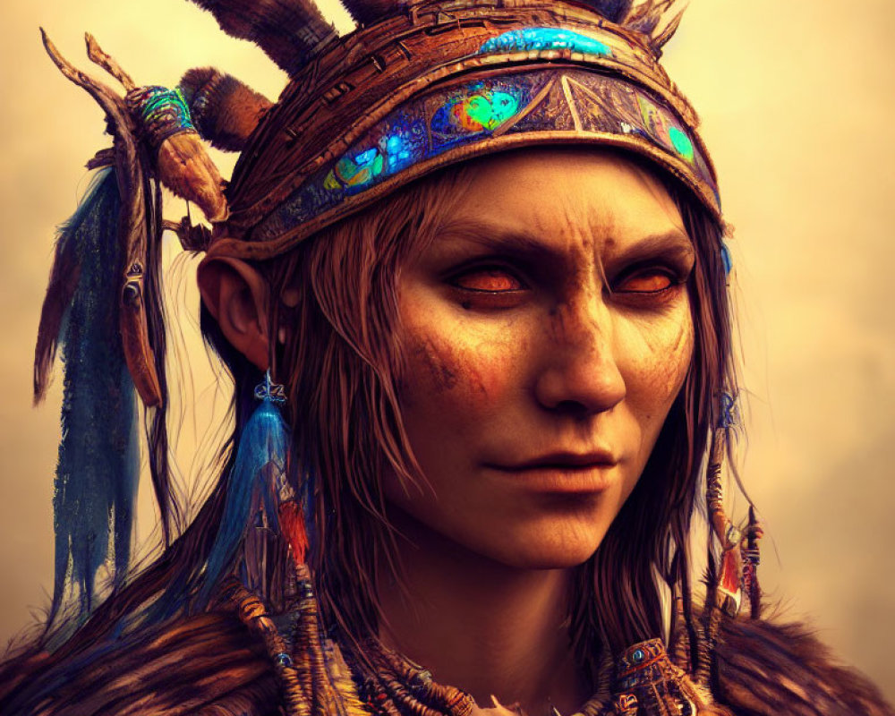 Digital portrait of a person with tribal features in feathered headdress and intricate facial markings.