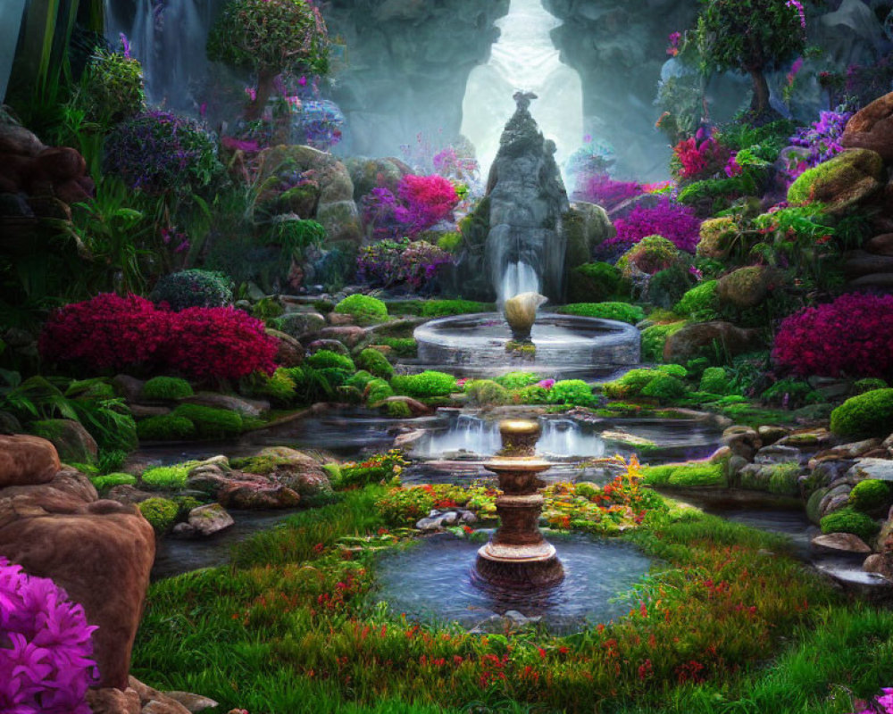 Vibrant flower garden with waterfalls and tiered fountain