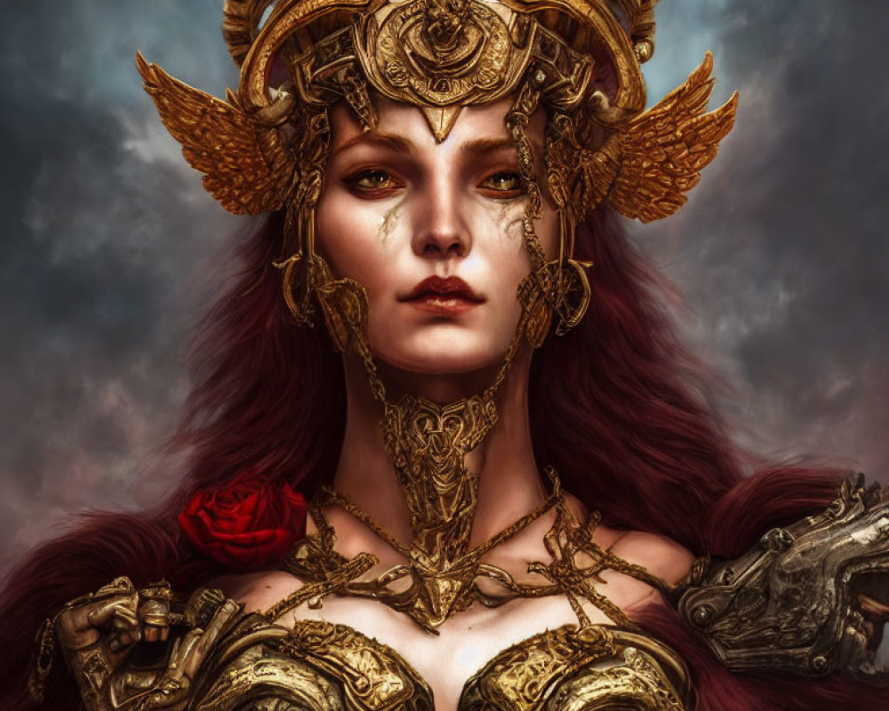 Fantasy portrait of woman in golden helmet and armor with rose in hand