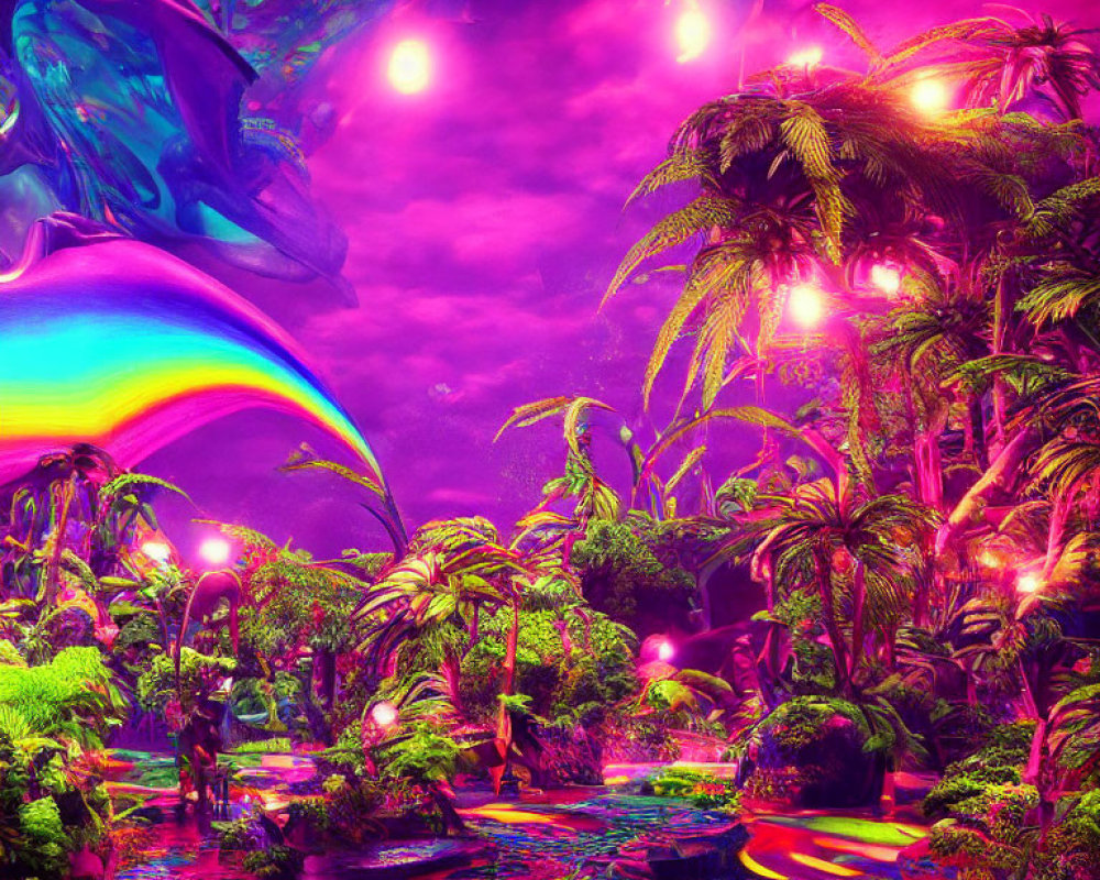 Colorful Psychedelic Jungle Landscape with Pink and Purple Hues