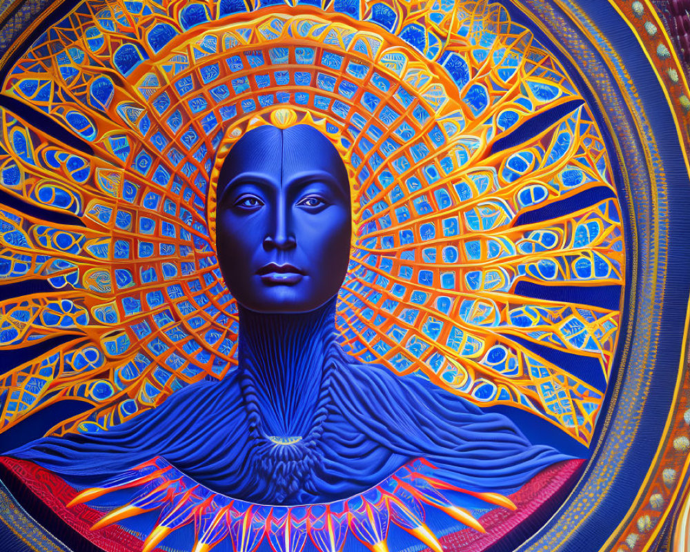 Vivid digital artwork: Blue face with intricate mandala pattern