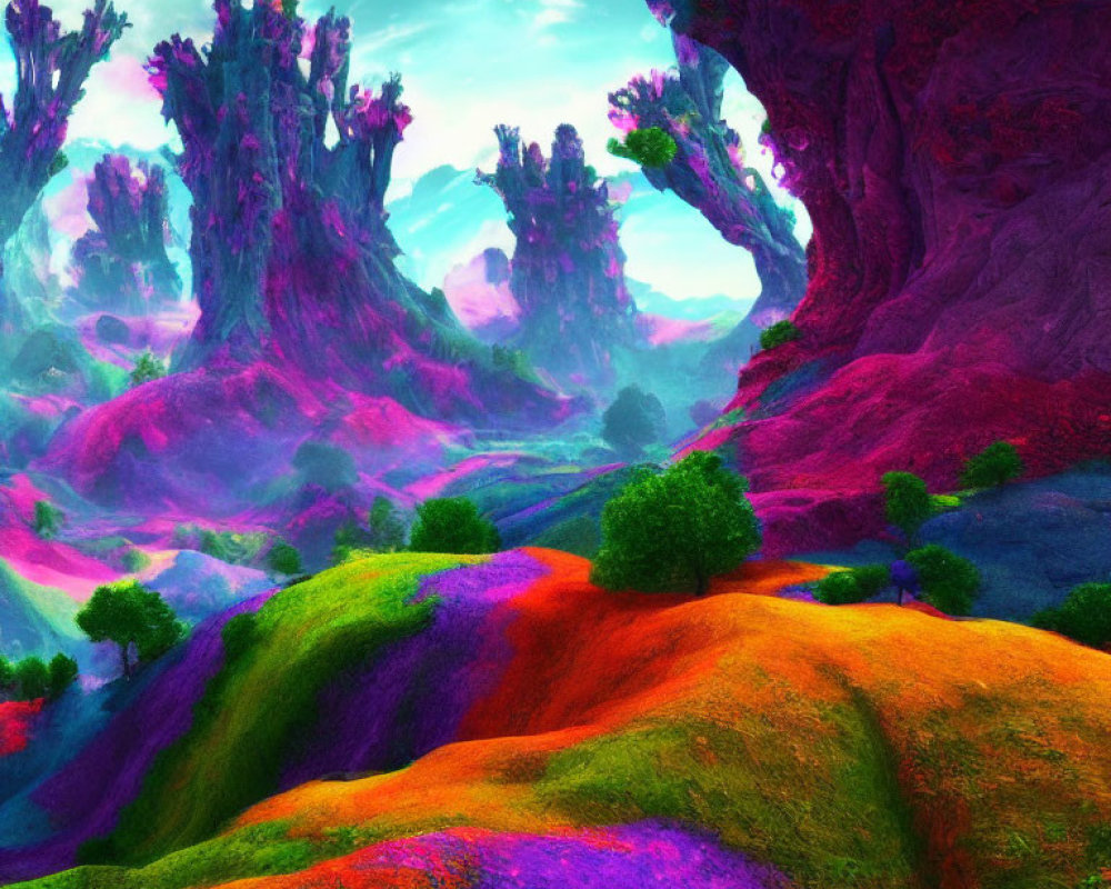 Colorful Alien Landscape with Fantastical Flora and Undulating Terrain