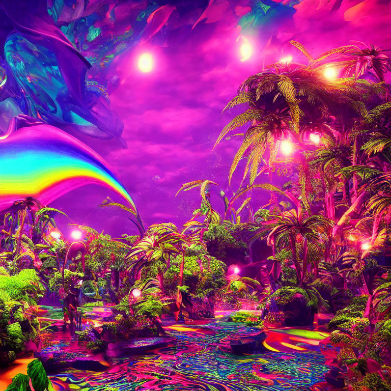 Colorful Psychedelic Jungle Landscape with Pink and Purple Hues
