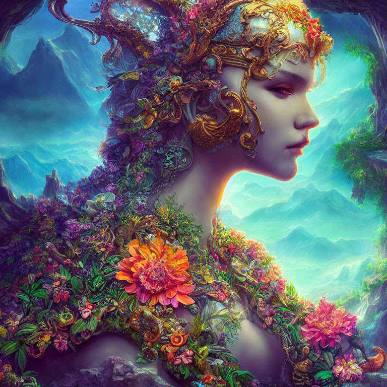 Fantasy portrait of woman with floral and vine adornments in ethereal landscape