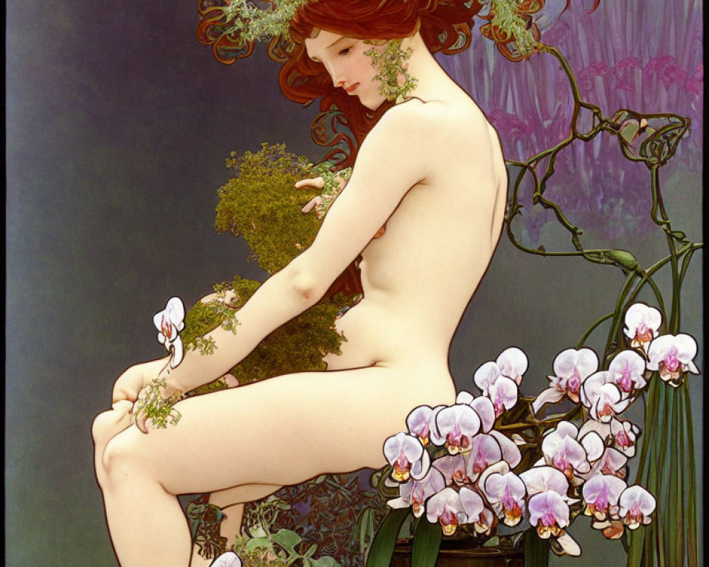 Art Nouveau Style Nude Woman Illustration with Red Hair and Floral Motifs