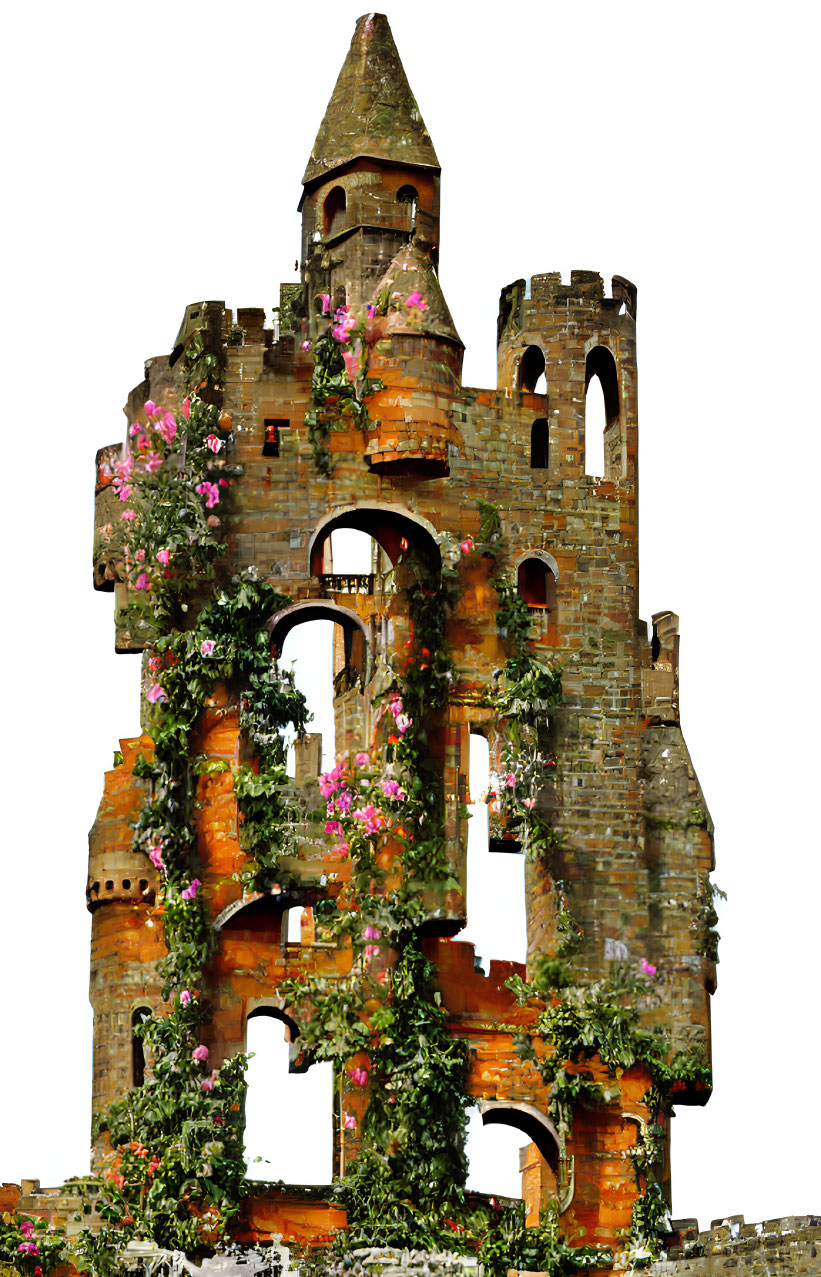 Medieval tower ruins with overgrown foliage and flowers on white background
