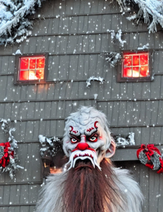 Person in Krampus costume with large horns and white hair in snowy festive scene
