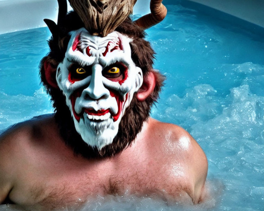 Elaborate white mask face paint in hot tub