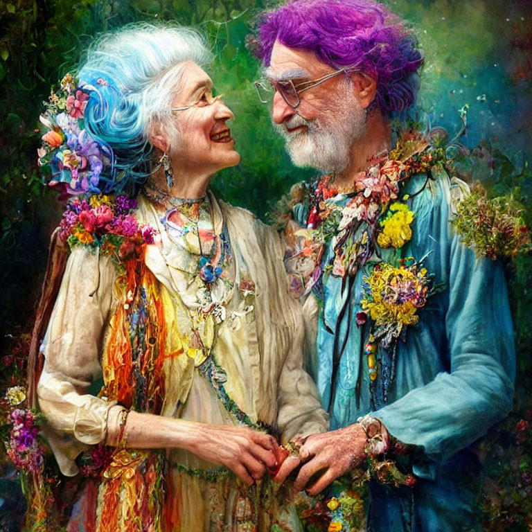 Elderly couple in colorful hair and floral attire enjoy nature backdrop