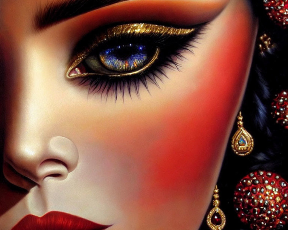 Detailed portrayal of woman with blue eyes, bold makeup, gold and ruby jewelry