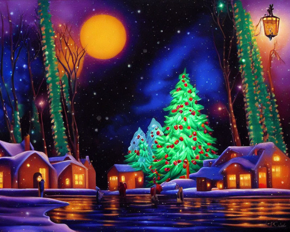 Snowy village night painting with Christmas tree, golden moon, lit houses, and starry sky.