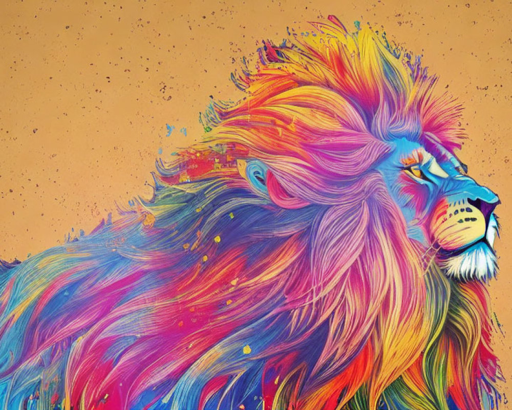Vibrant lion profile with colorful splattered mane on textured ochre background