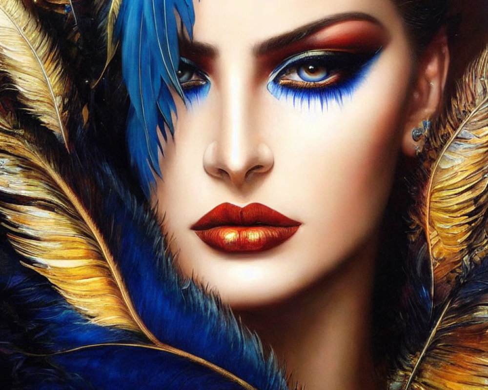 Close-up of woman with bold blue eyeshadow and red lipstick surrounded by vibrant feathers