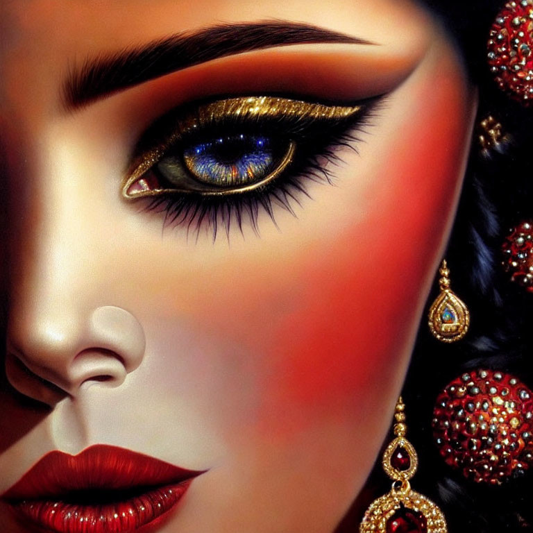 Detailed portrayal of woman with blue eyes, bold makeup, gold and ruby jewelry