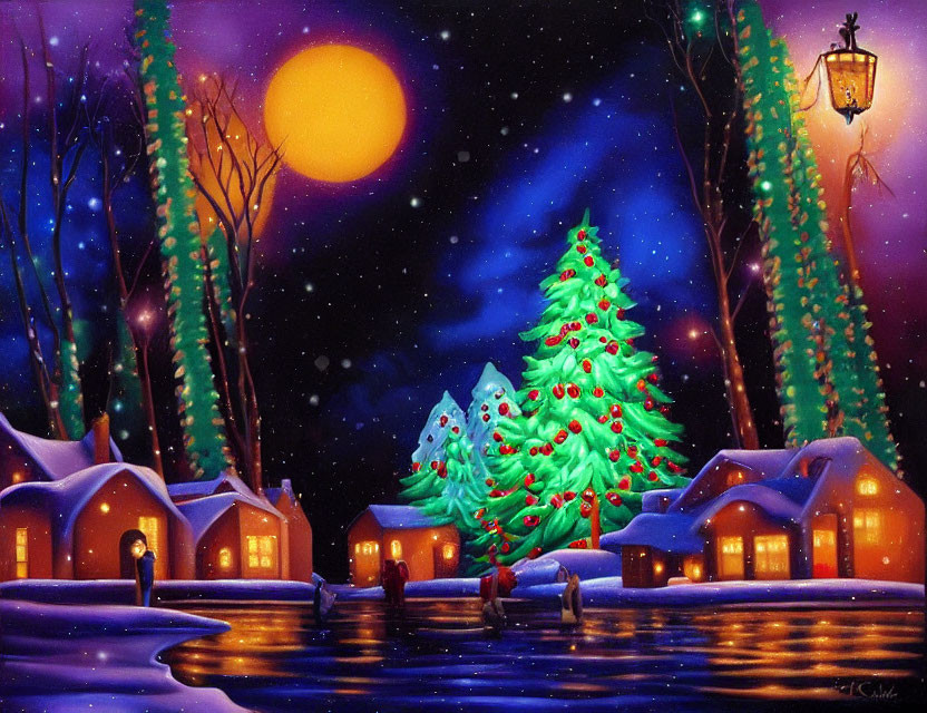 Snowy village night painting with Christmas tree, golden moon, lit houses, and starry sky.