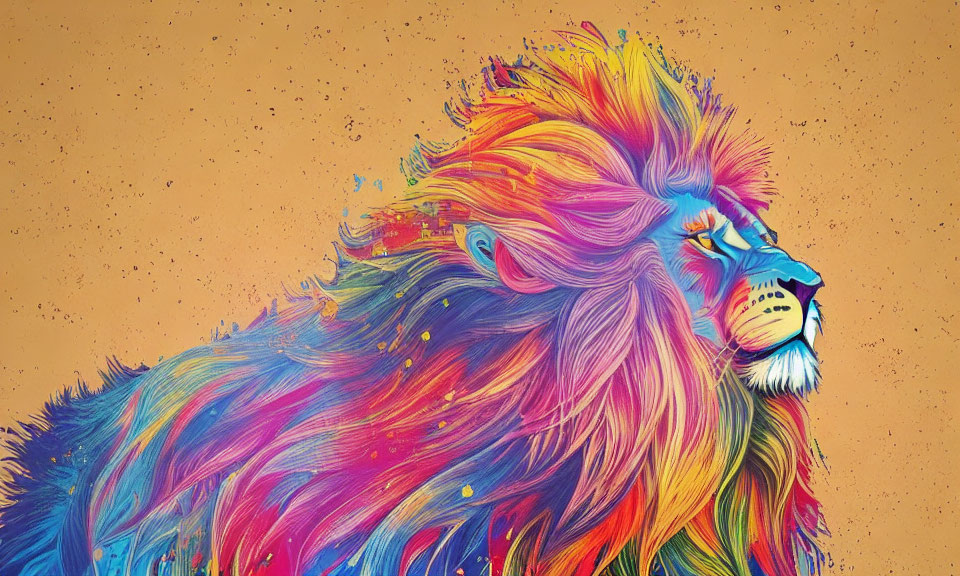 Vibrant lion profile with colorful splattered mane on textured ochre background