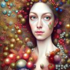 Colorful painting of a woman in bead headpiece and fruit cluster dress