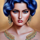 Detailed Illustration of Woman with Blue Hair and Ornate Makeup