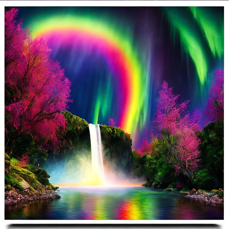 Multicolored Aurora Over Vibrant Waterfall & Pink Flora