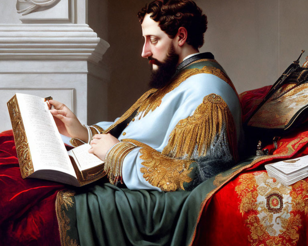 Historical bearded man writing with quill pen in opulent setting