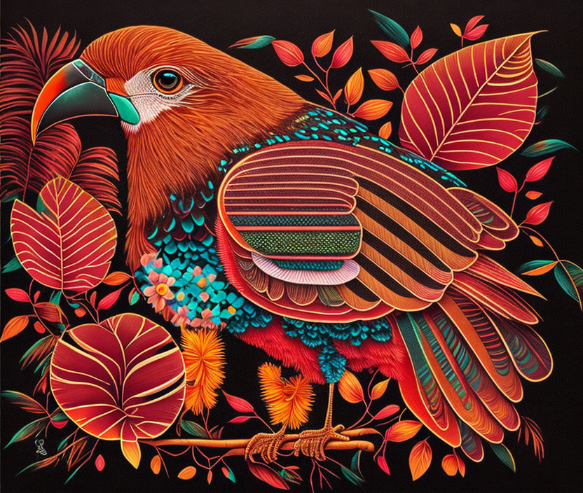 Colorful Stylized Bird Artwork with Intricate Patterns and Leaves on Black Background