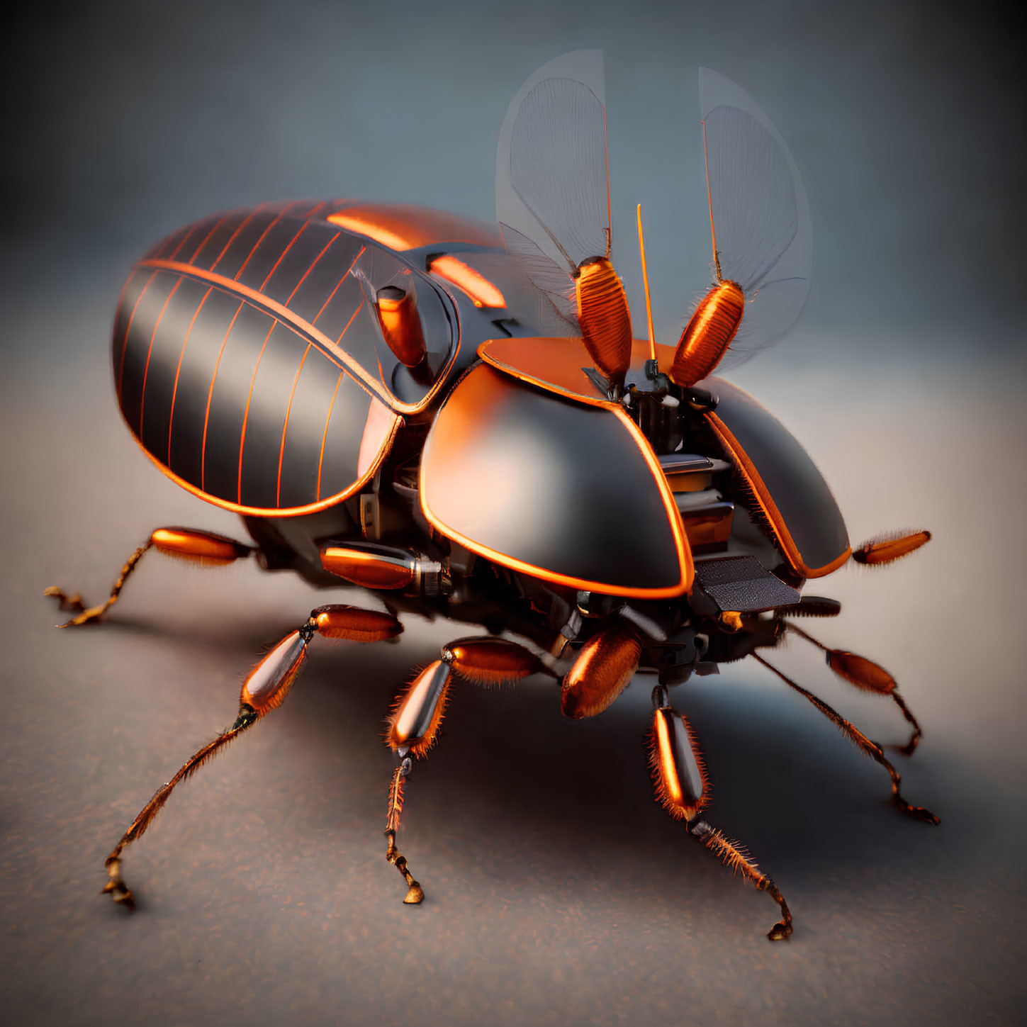 Detailed 3D rendering of metallic beetle with translucent wings