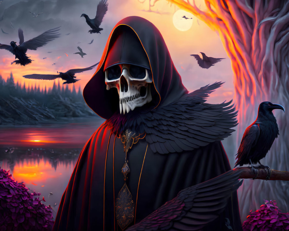 Skeleton in Red Hooded Cloak with Wings by River at Sunset